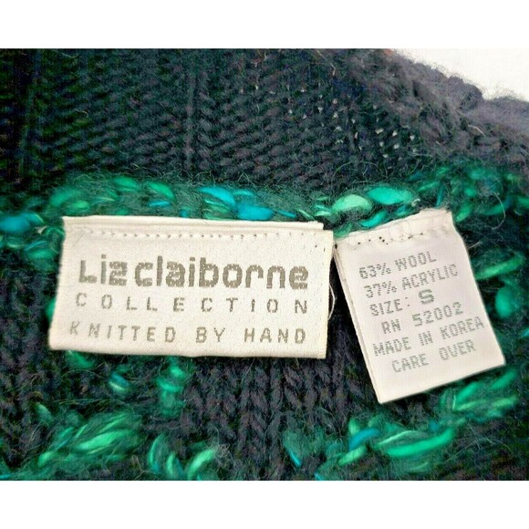 Vtg Liz Claiborne Collection Hand Knit Wool Blend Sweater Green Black Sz Small - Picture 8 of 10